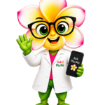 Plu, the Ask Plu.Me guide, holding a phone
